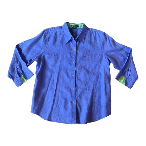 Lauren Ralph Lauren Linen Top Button Front Monogram Shirt Women’s Size XL A7 - Picture 2 of 8